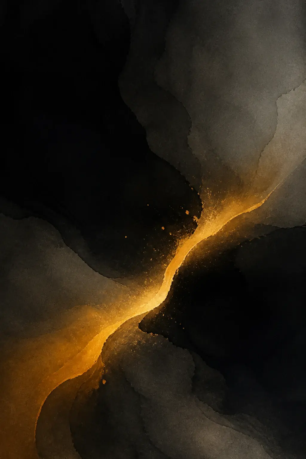 Abstract charcoal fields meeting along a luminous amber gesture