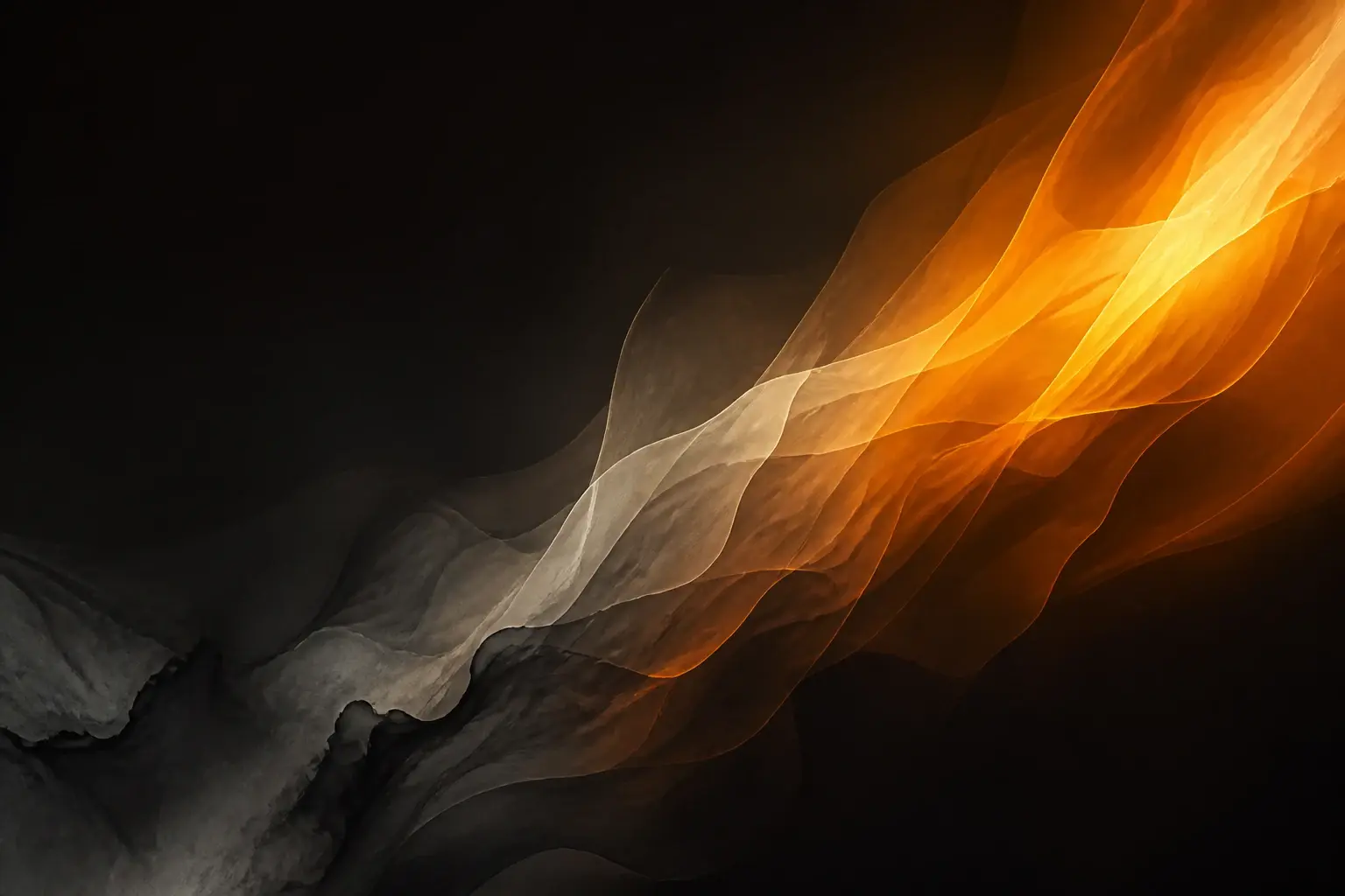 Flowing charcoal forms connected by a controlled amber current