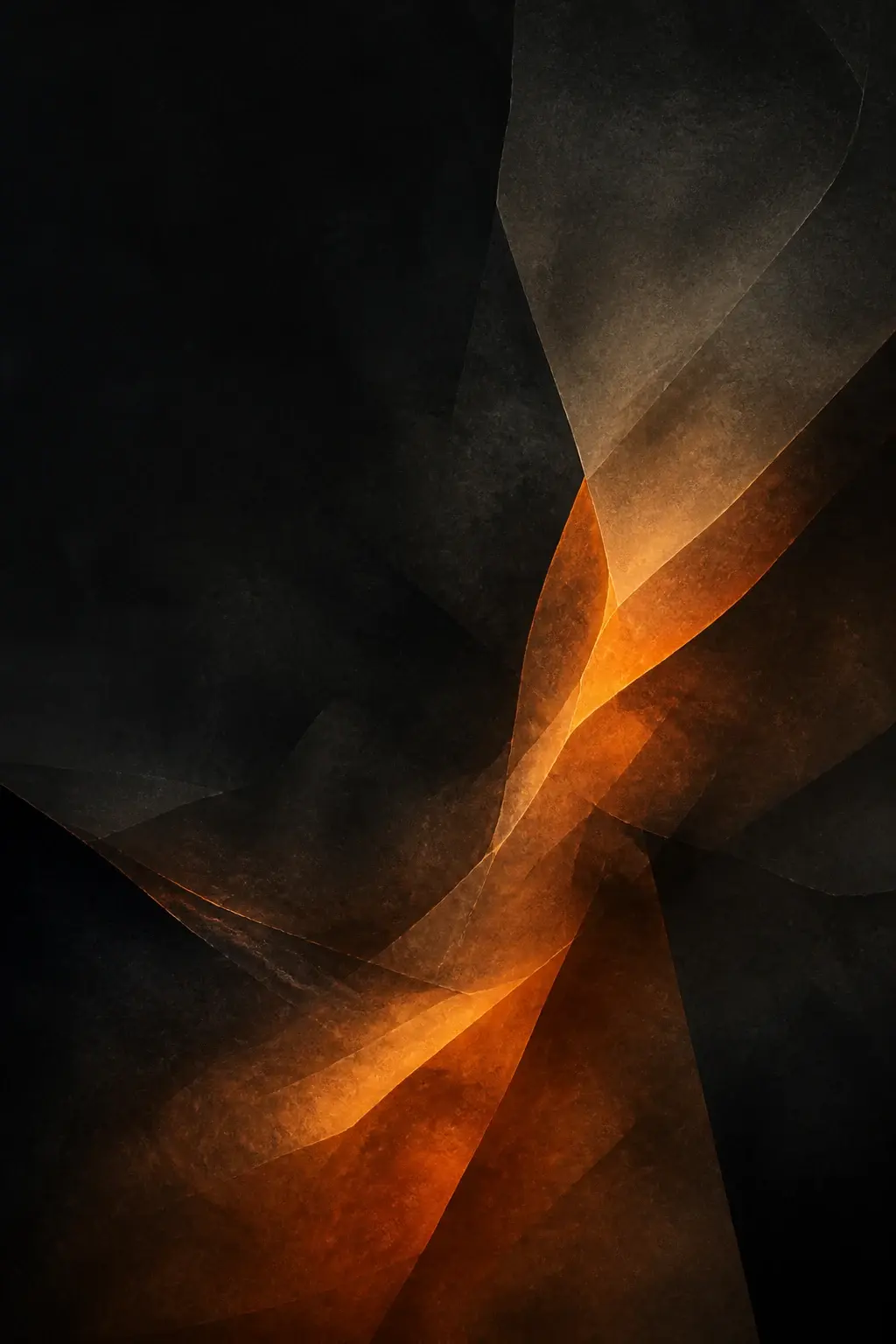 Layered charcoal forms crossed by controlled amber light